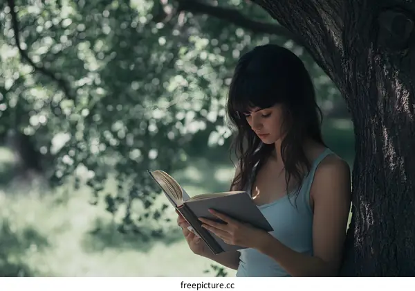 Young Woman Reading Book in the Park Under Tree