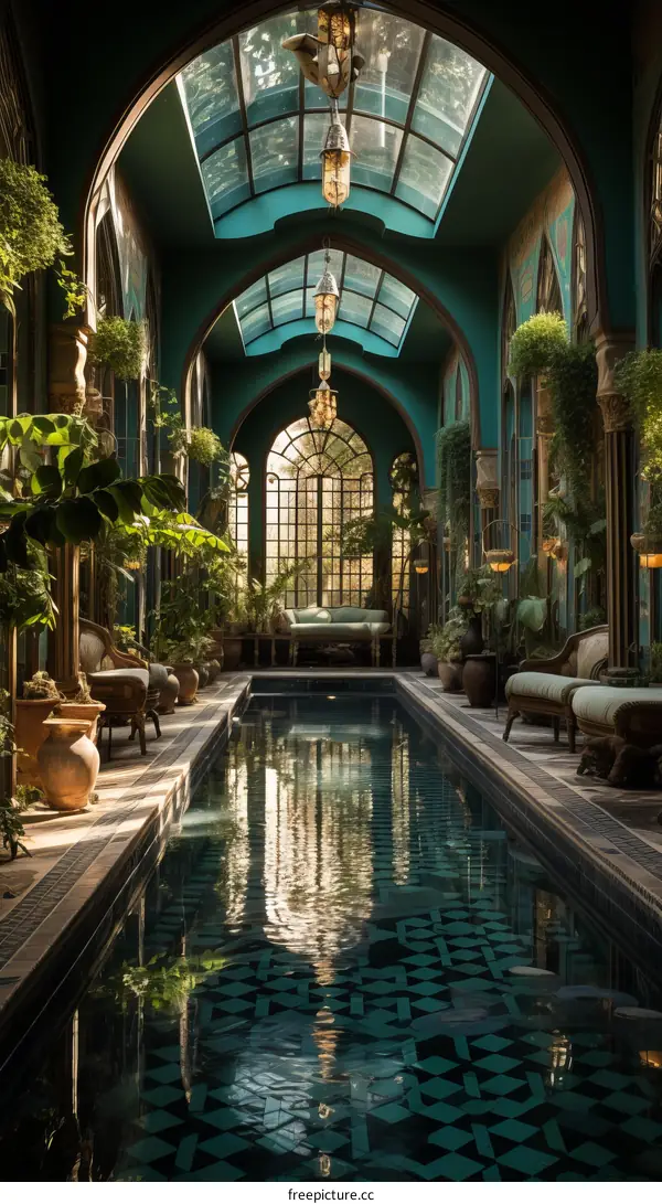 Indoor swimming pool with green plants and large windows