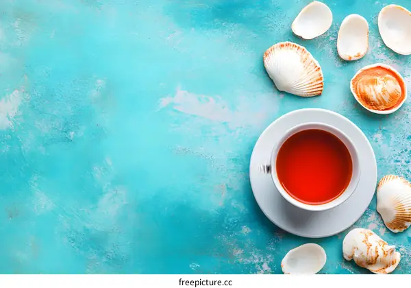 Sea Shells and Cup of Tea on Turquoise Background