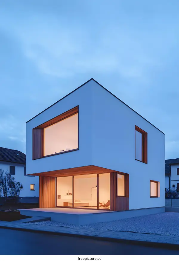 Modern White House with Large Windows and Wooden Accents at Dusk