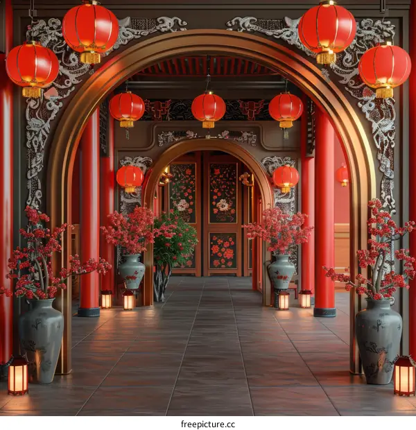 Chinese Courtyard with Red Lanterns and Vases