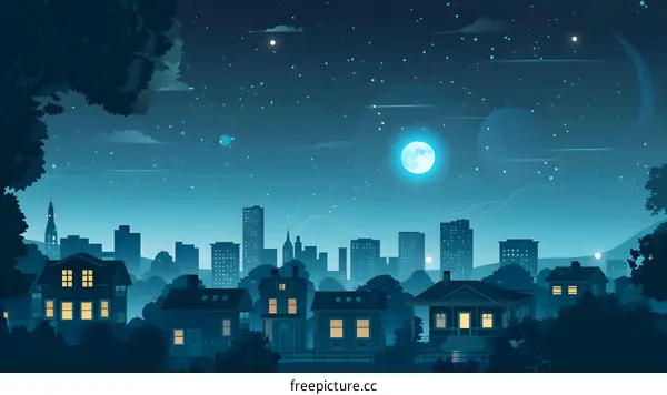Night Cityscape with Full Moon and Stars