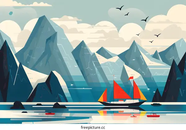 Sailing Ship in Mountainous Landscape Illustration