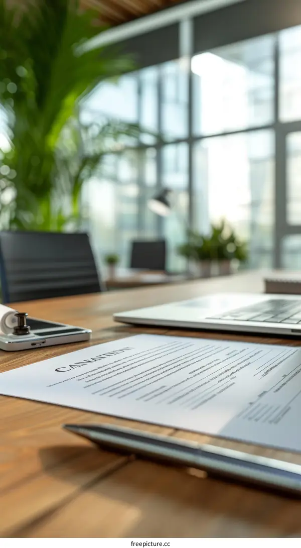 A desk with a laptop, a phone, a pen, and a contract on it