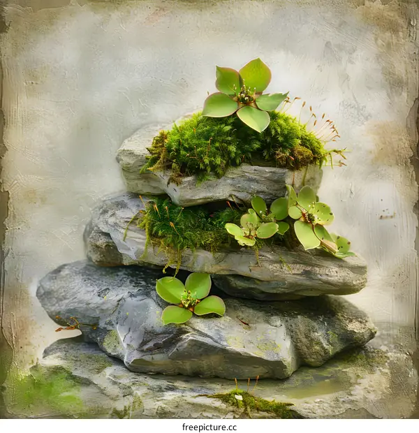 Stack of Stones with Moss and Small Green Flowers