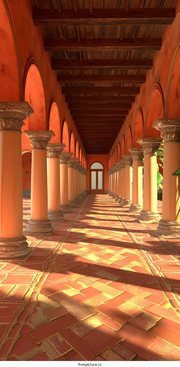 Orange Wall Colonnade With Wooden Ceiling