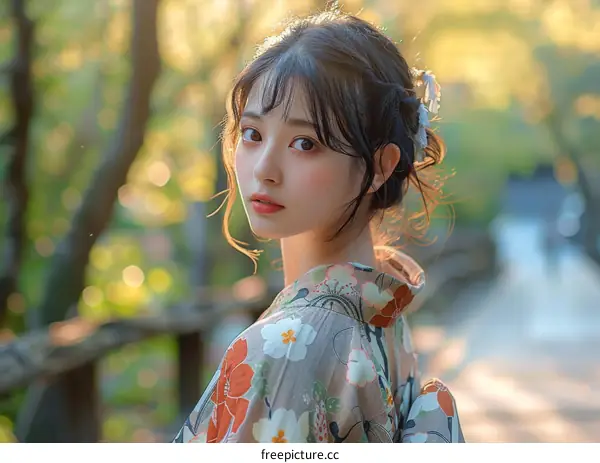 Young Asian Woman in Traditional Kimono in a Park