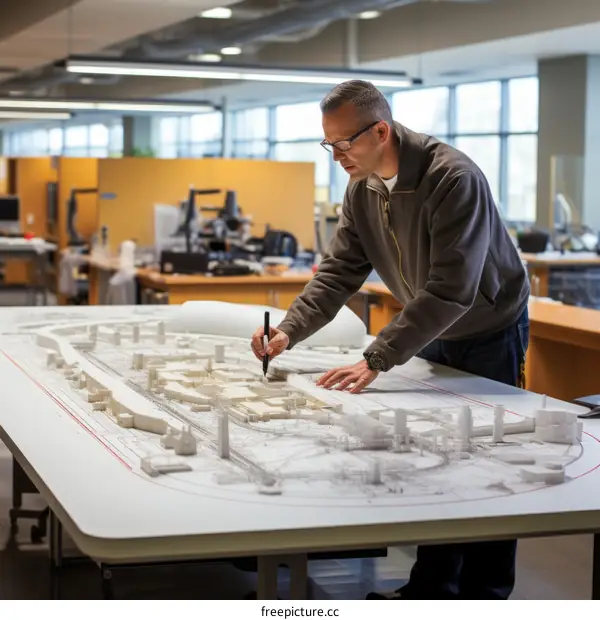 An architect wearing glasses and a black sweater works on a large-scale model of a city.