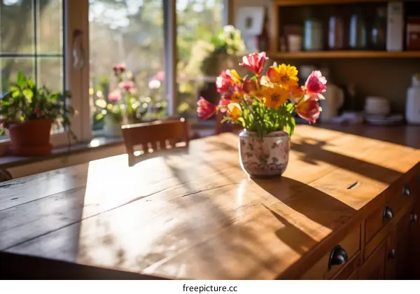 Still life of flowers in vase on wooden table by the window