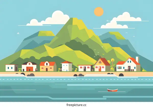 Flat Design Mountain Landscape with Houses and Sea
