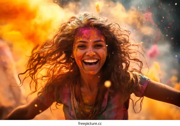 Indian woman celebrating the Hindu holiday Holi with colorful powder