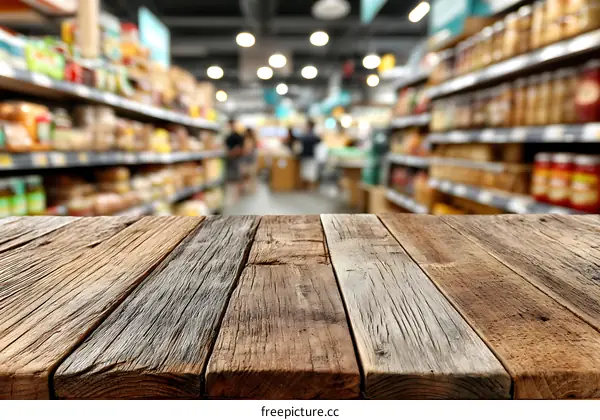 Wooden Tabletop in Front of a Grocery Store