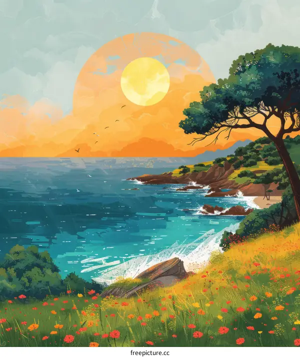 Sunset at the beach with golden sun and tranquil sea