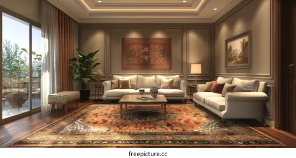 Modern living room interior design with a sofa, carpet, curtain, and chandelier