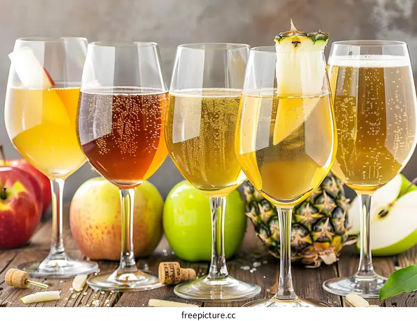 Close Up of Glasses of Sparkling Cider with Fruits