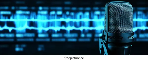 Professional Recording Microphone with Audio Waves Background