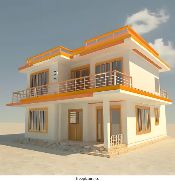 Modern Two Story House Design with Orange Accents