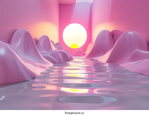 Surreal Pink Landscape with Large Sun and Water