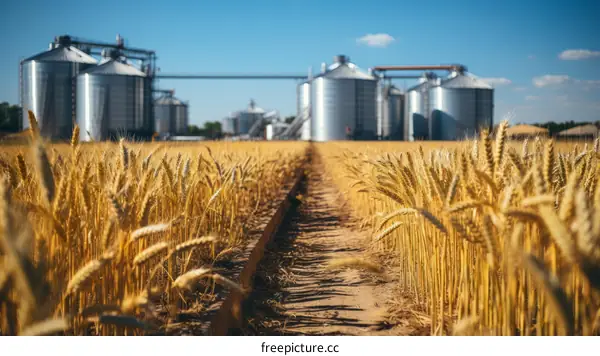A golden wheat field with a silo in the distance