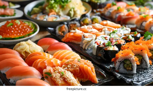 Delicious Japanese Sushi Platter with Salmon, Tuna and Avocado