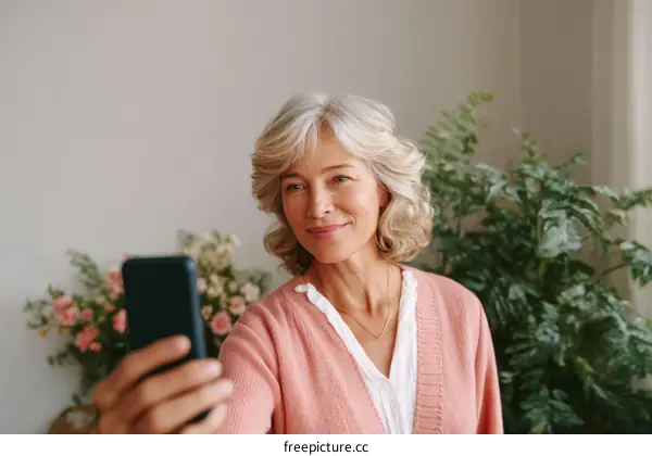 Smiling Woman Taking Selfie with Smartphone