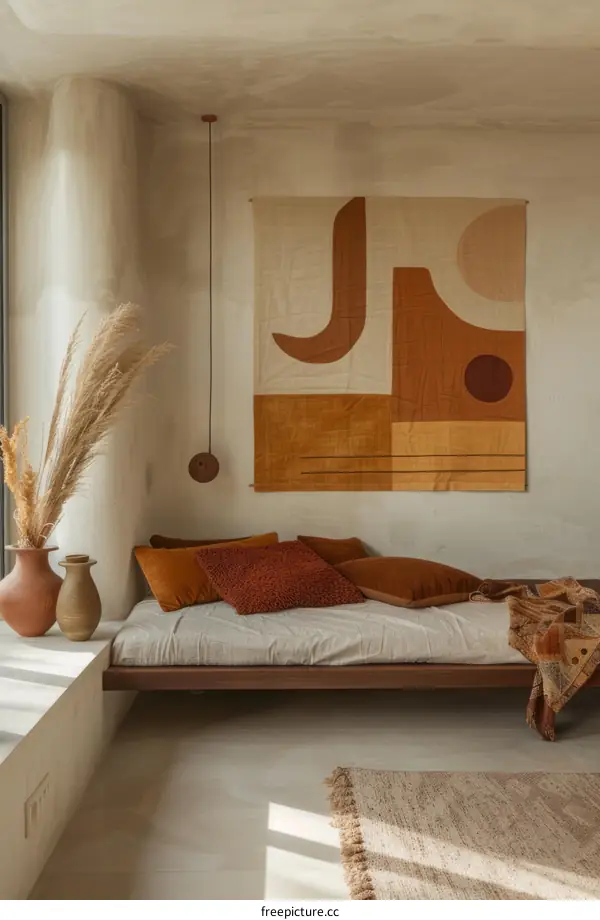 Earthy bedroom with a large woven wall hanging