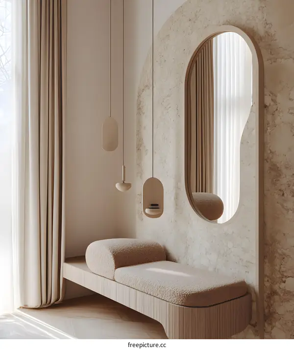 Minimalist Interior Design with Wooden Bench and Archway Mirror