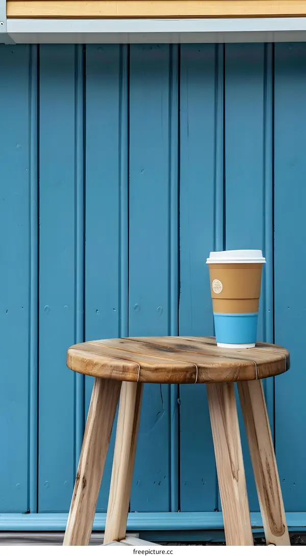 Blue Wooden Wall Coffee Cup On Stool
