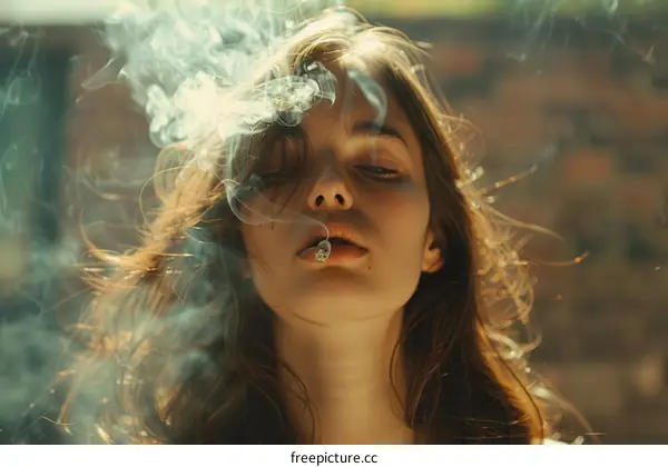 Smoking girl with long brown hair and brown eyes