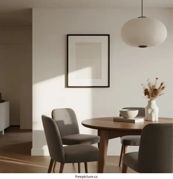 Minimalist dining room with round wooden table and gray chairs