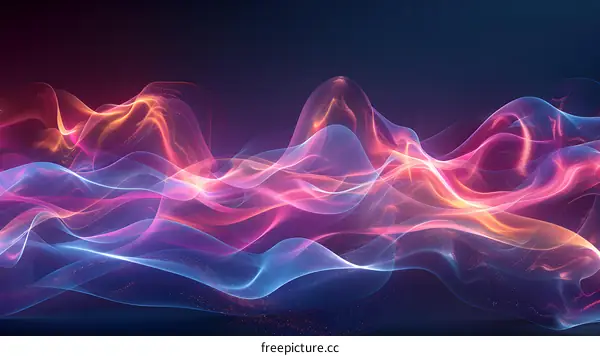 Colorful abstract background image of glowing pink and blue waves with a dark blue background