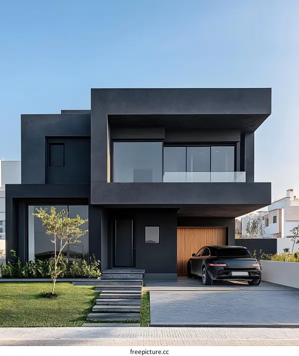 Modern Black House With Glass Windows and Garage Door
