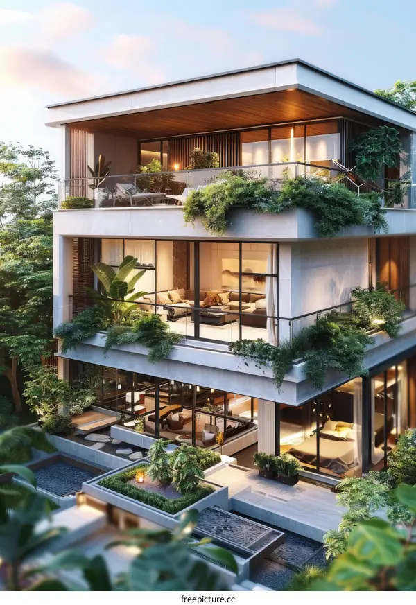 Modern Multi-Level House with Lush Landscaping