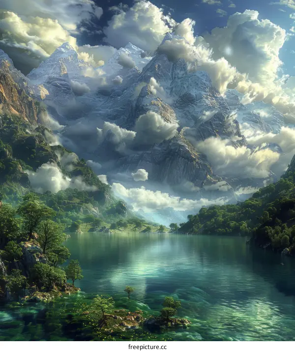 Fantasy Mountain Lake in the Valley