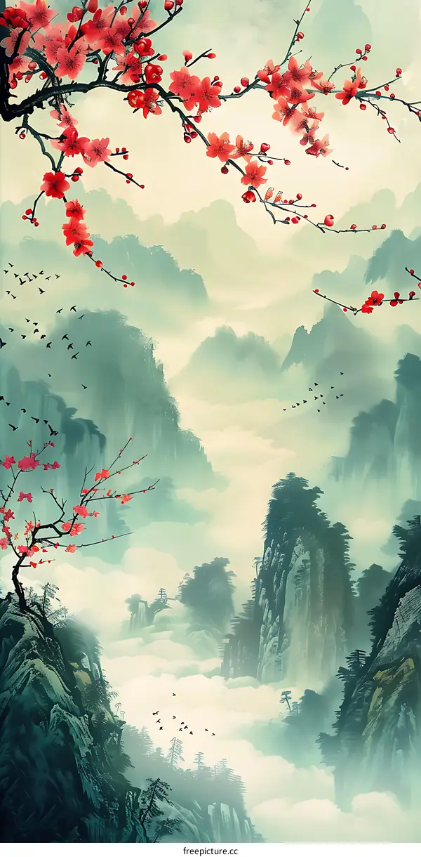 red plum blossom and green mountains