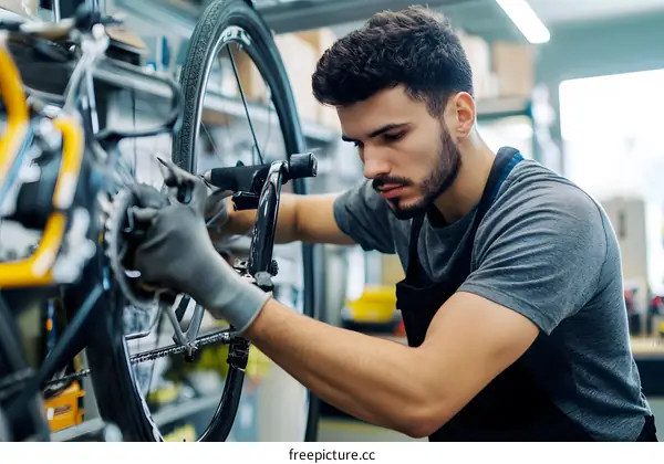 Man Wearing Gloves Fixing Bicycle Wheel