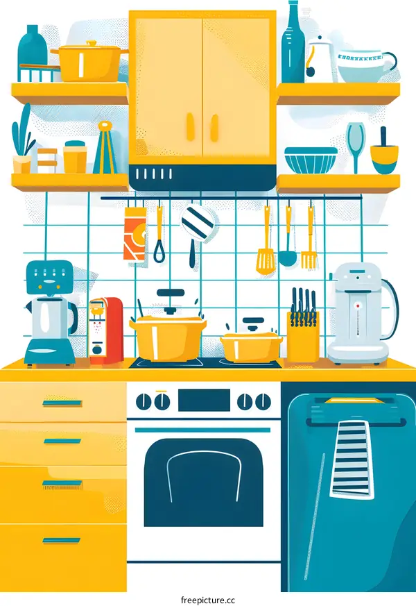 Kitchen Illustration with Yellow Cabinets and Blue Accents