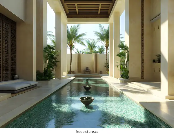 Modern Architecture Courtyard with Pool and Palm Trees