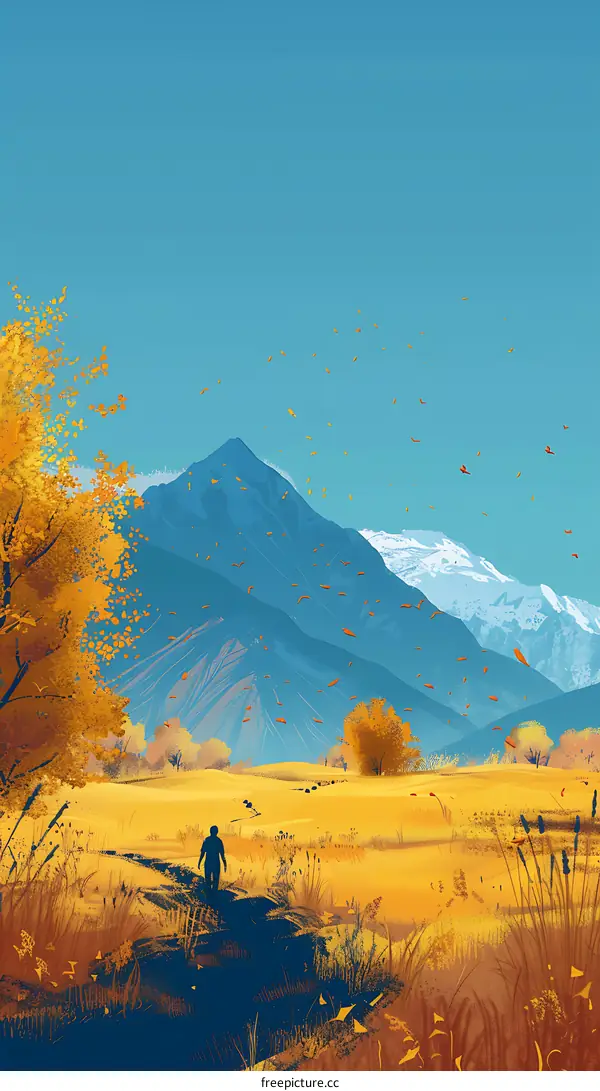 Silhouette of a Person Walking Through a Field in Front of a Mountain with Falling Leaves