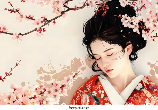 Sleeping Woman in Red Kimono Surrounded by Cherry Blossoms