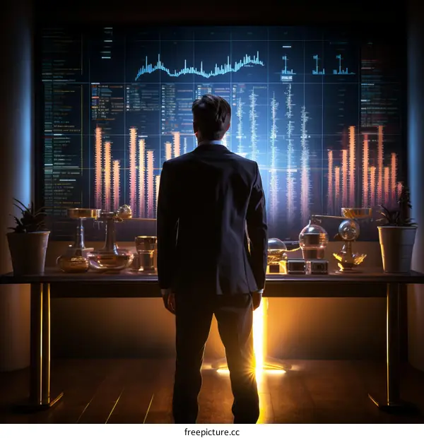 Businessman looking at financial data on a large screen