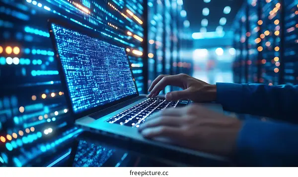 Data Center Server Room Work with Laptop