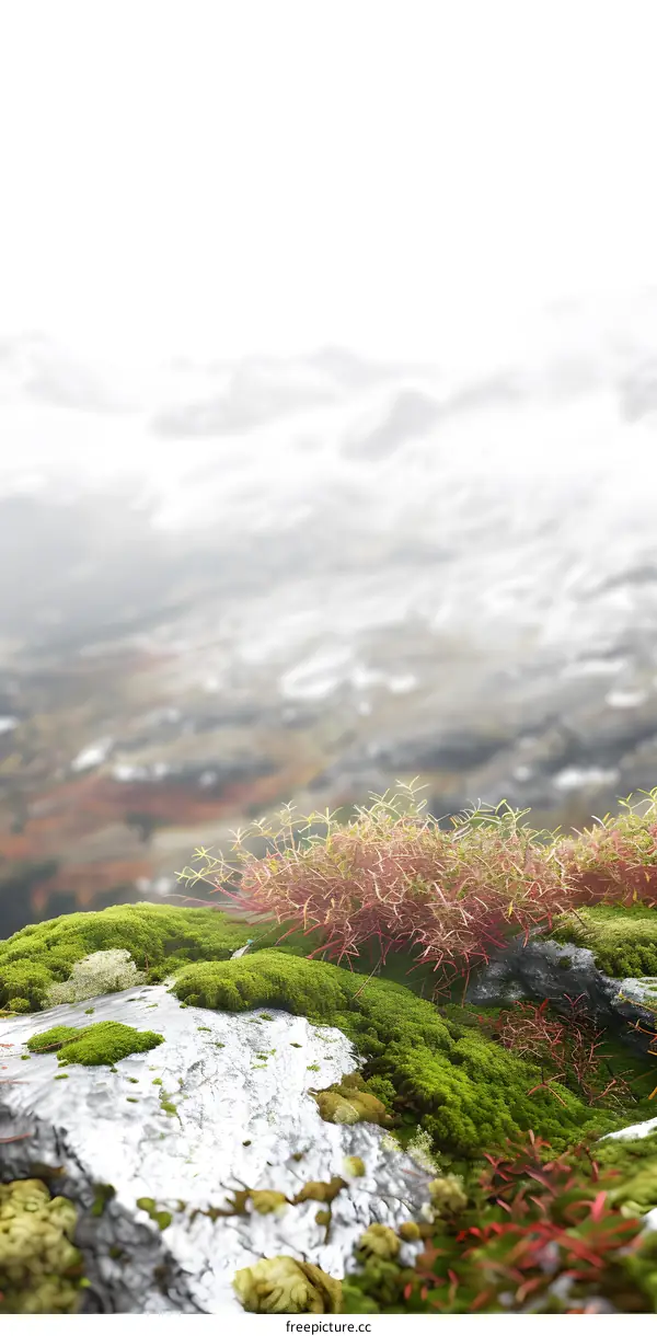 Green Moss On Rocks With Foggy Background