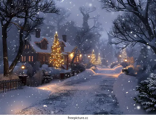 Christmas Village Street in Snowy Winter