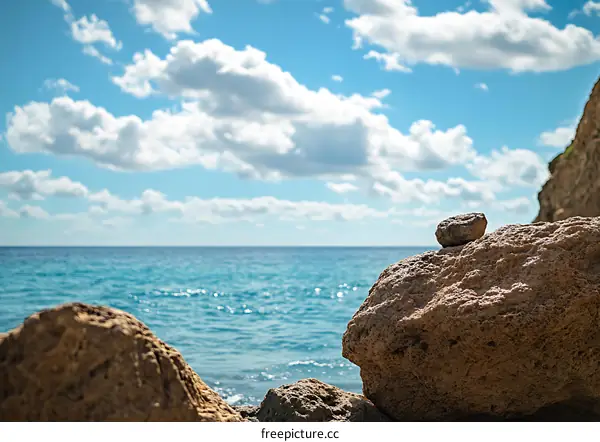 Rock Formation on the Coast with Blue Ocean and Sky