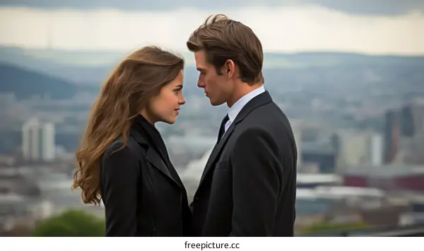 A man and a woman are standing close to each other and staring into each other's eyes