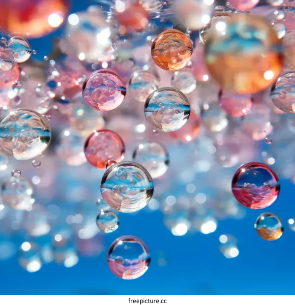 Colorful bubbles floating in midair with a blue background