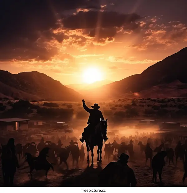 A cowboy is riding a horse in a field with a large group of cattle and other cowboys following him.