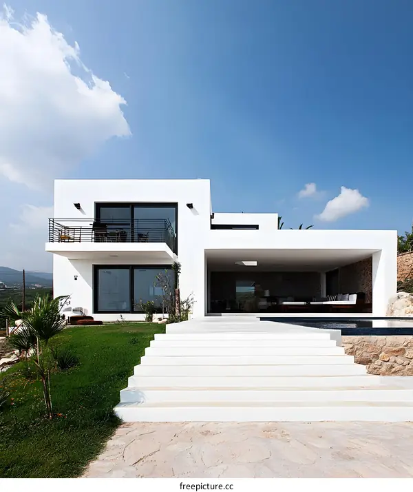 Modern Minimalist White Villa with Stone Steps and Blue Sky