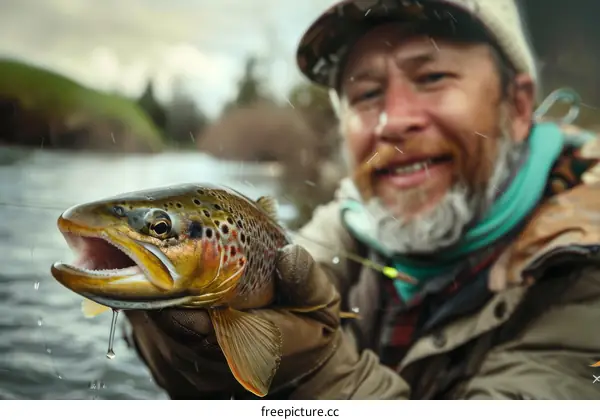A fisherman holds a brown trout he caught in a river.